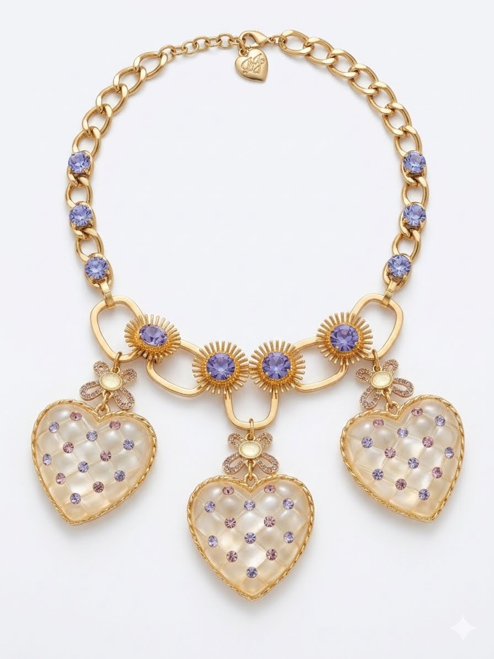 Betsey Johnson Lavender Crystal Sunburst Quilted Heart Statement Necklace Gold